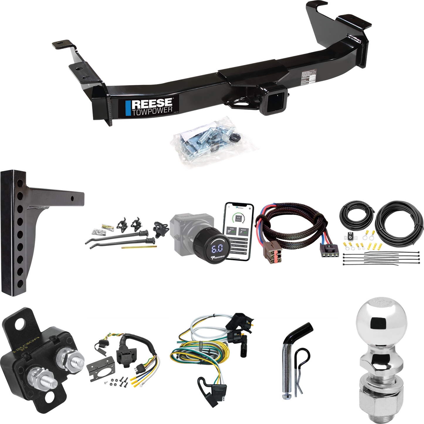 Fits 2000-2002 Ford E-250 Econoline Trailer Hitch Tow PKG w/ 12K Trunnion Bar Weight Distribution Hitch + Pin/Clip + 2-5/16" Ball + Tekonsha Prodigy iD Bluetooth Wireless Brake Control + Plug & Play BC Adapter + 7-Way RV Wiring By Reese Towpower