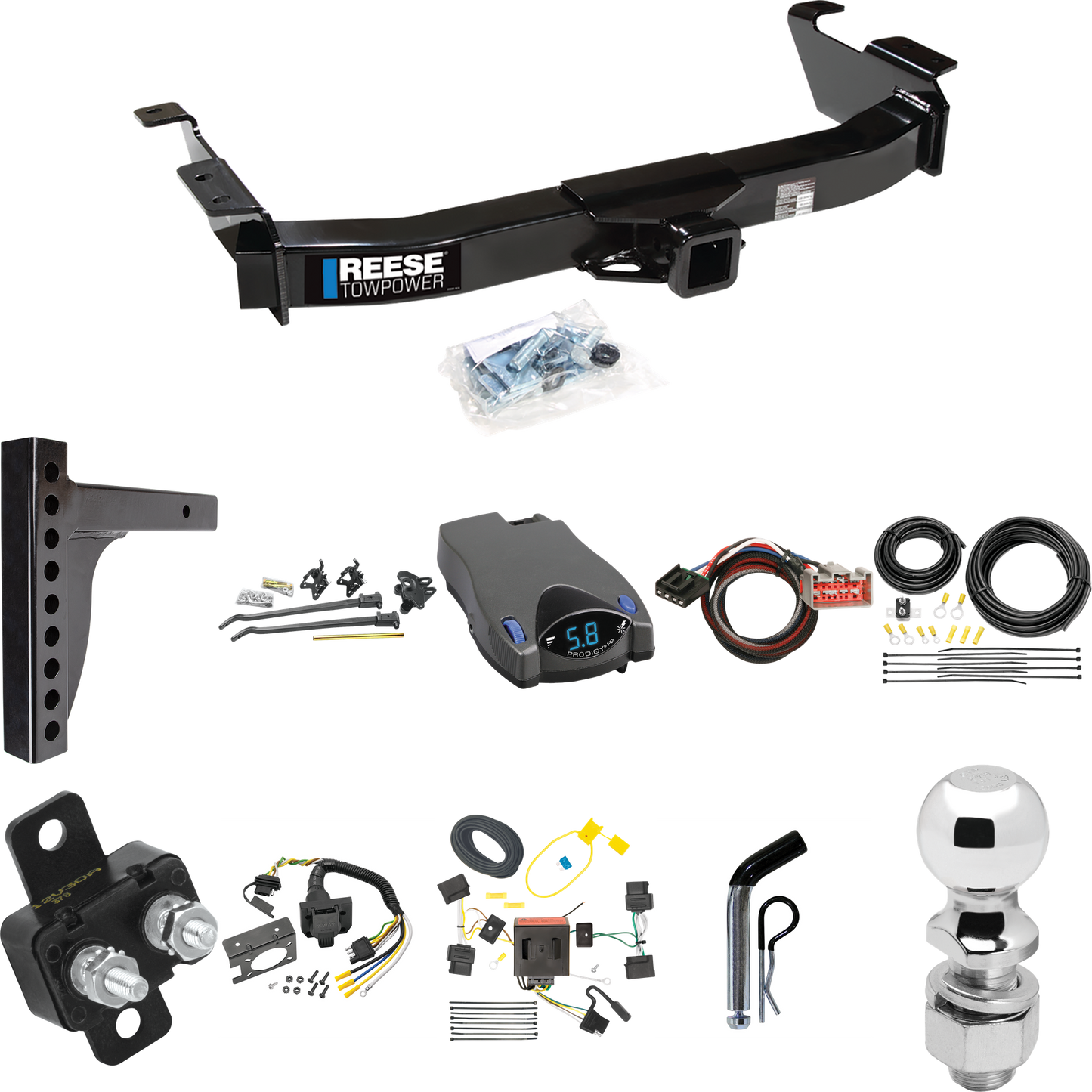 Fits 2009-2014 Ford E-250 Econoline Trailer Hitch Tow PKG w/ 12K Trunnion Bar Weight Distribution Hitch + Pin/Clip + 2-5/16" Ball + Tekonsha Prodigy P2 Brake Control + Plug & Play BC Adapter + 7-Way RV Wiring By Reese Towpower