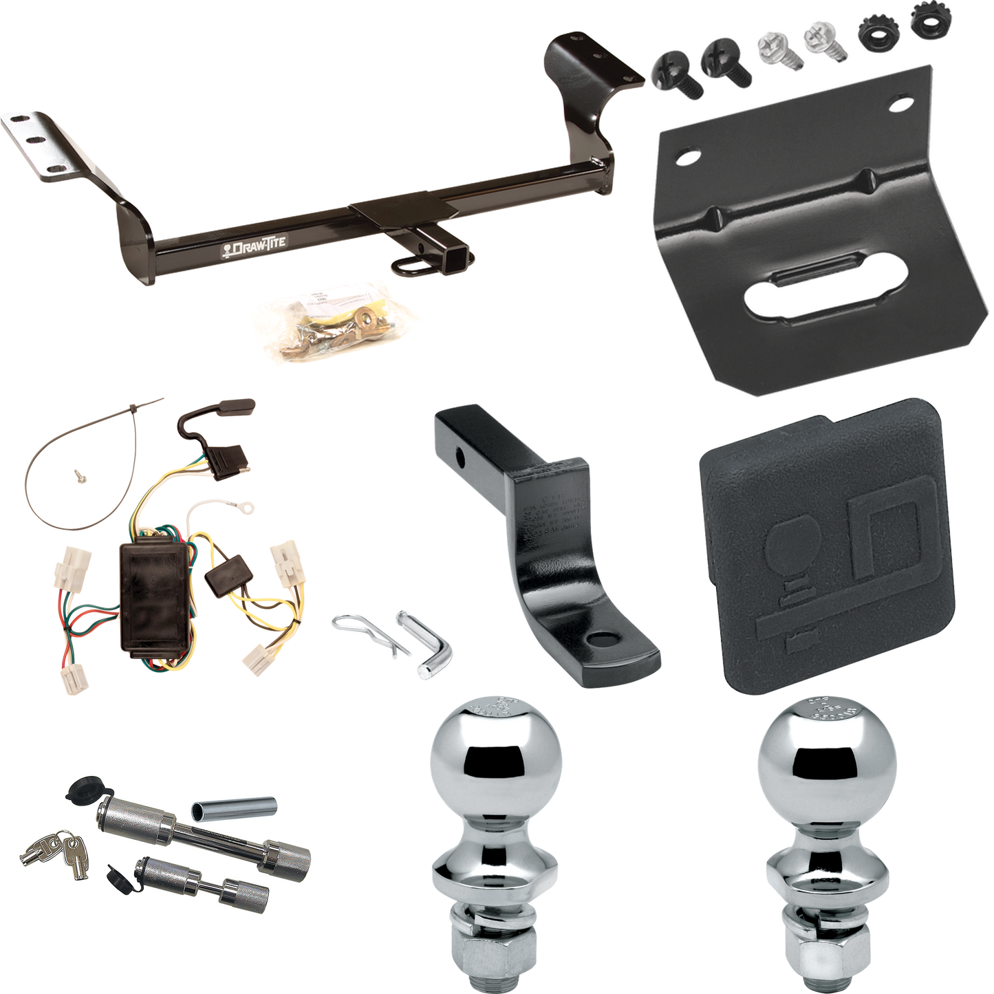 Fits 2003-2008 Toyota Matrix Trailer Hitch Tow PKG w/ 4-Flat Wiring Harness + Draw-Bar + 1-7/8" + 2" Ball + Wiring Bracket + Hitch Cover + Dual Hitch & Coupler Locks By Draw-Tite