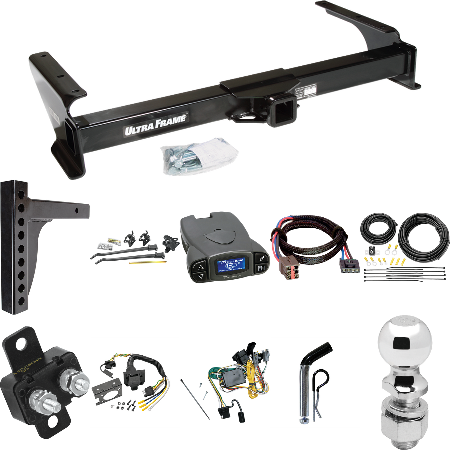 Fits 1992-1994 Ford E-250 Econoline Trailer Hitch Tow PKG w/ 12K Trunnion Bar Weight Distribution Hitch + Pin/Clip + 2-5/16" Ball + Tekonsha Prodigy P3 Brake Control + Plug & Play BC Adapter + 7-Way RV Wiring By Draw-Tite