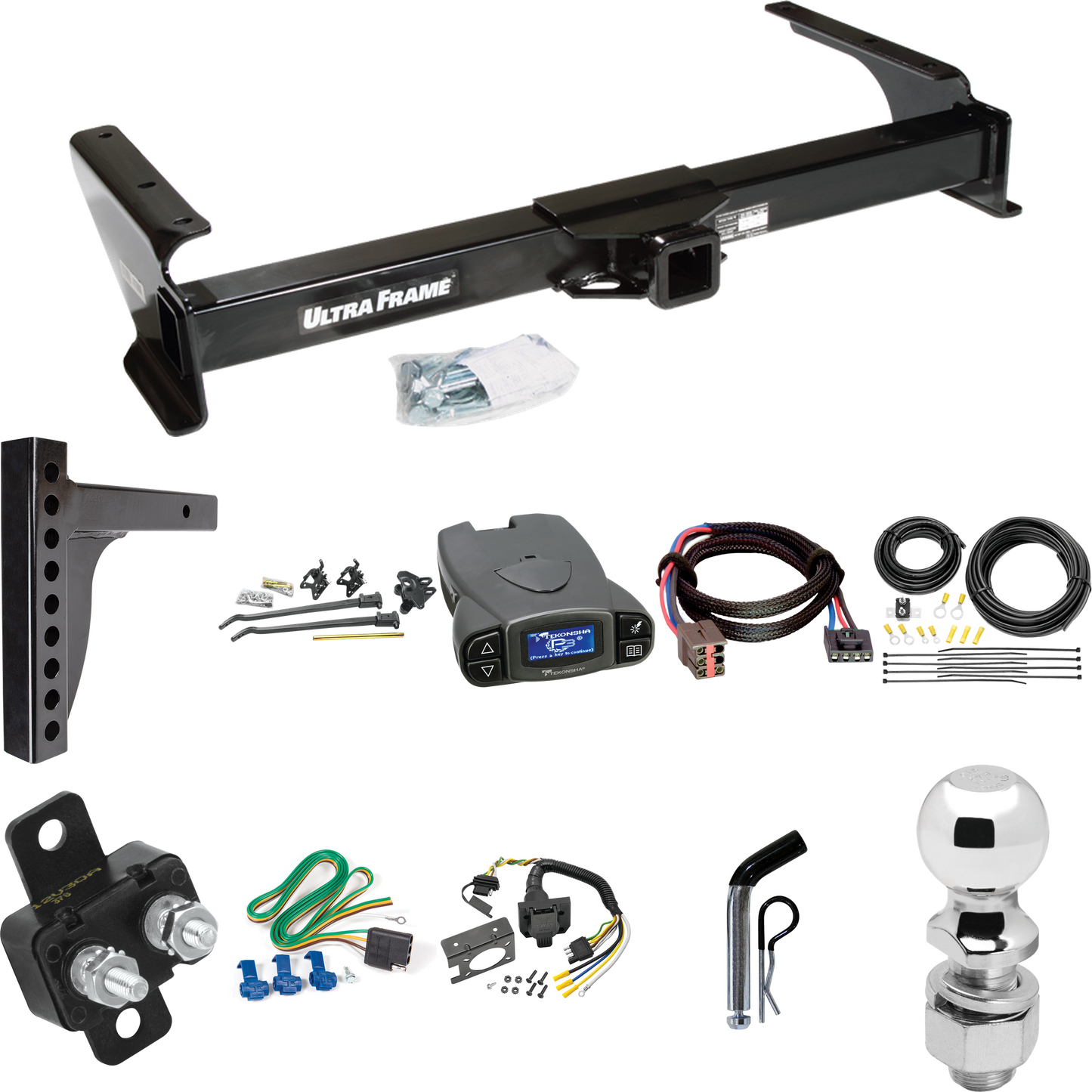 Fits 2003-2007 Ford E-250 Econoline Trailer Hitch Tow PKG w/ 12K Trunnion Bar Weight Distribution Hitch + Pin/Clip + 2-5/16" Ball + Tekonsha Prodigy P3 Brake Control + Plug & Play BC Adapter + 7-Way RV Wiring By Draw-Tite