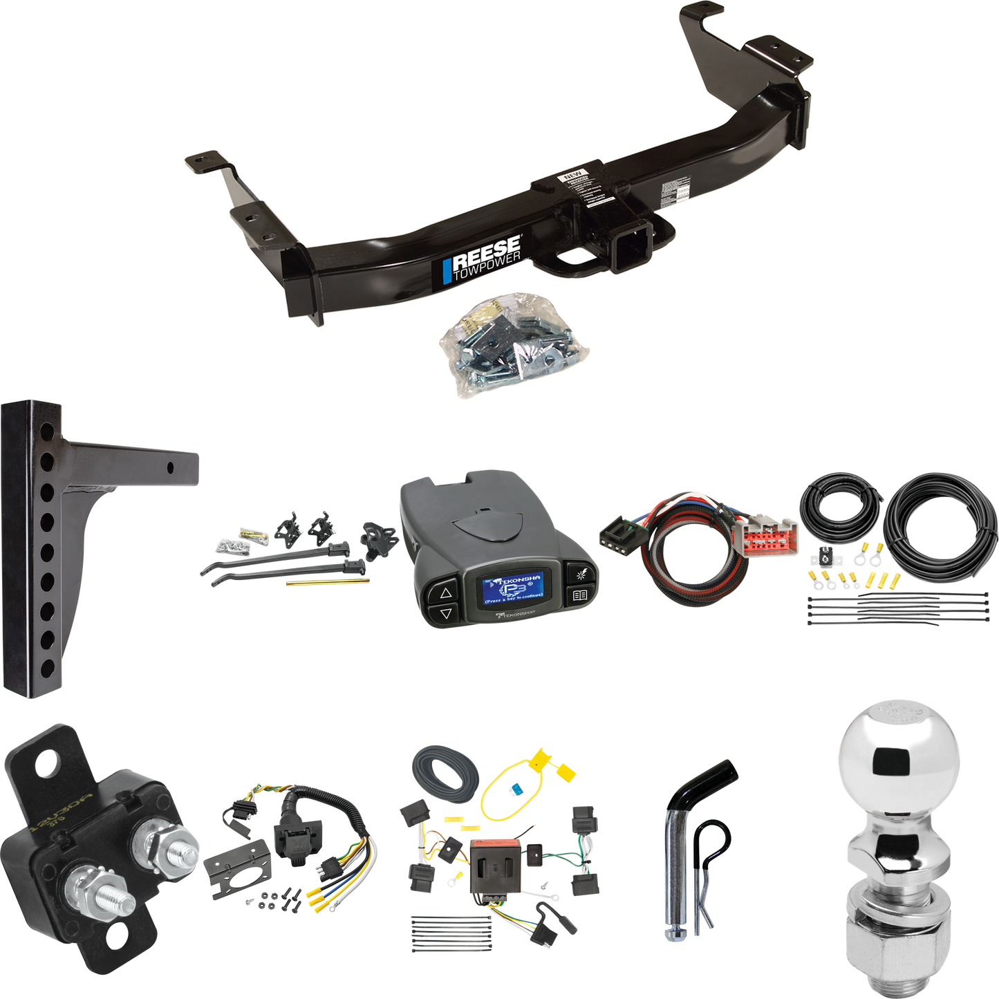 Fits 2009-2014 Ford E-150 Econoline Trailer Hitch Tow PKG w/ 12K Trunnion Bar Weight Distribution Hitch + Pin/Clip + 2-5/16" Ball + Tekonsha Prodigy P3 Brake Control + Plug & Play BC Adapter + 7-Way RV Wiring By Reese Towpower