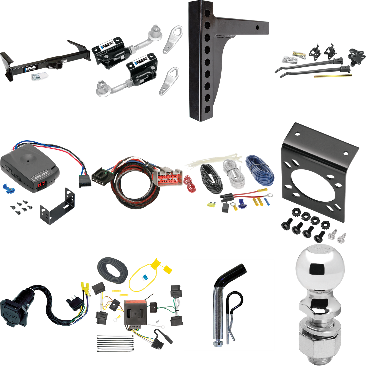 Fits 2009-2014 Ford E-150 Econoline Trailer Hitch Tow PKG w/ 12K Trunnion Bar Weight Distribution Hitch + Pin/Clip + Dual Cam Sway Control + 2-5/16" Ball + Pro Series Pilot Brake Control + Plug & Play BC Adapter + 7-Way RV Wiring By Reese Towpower