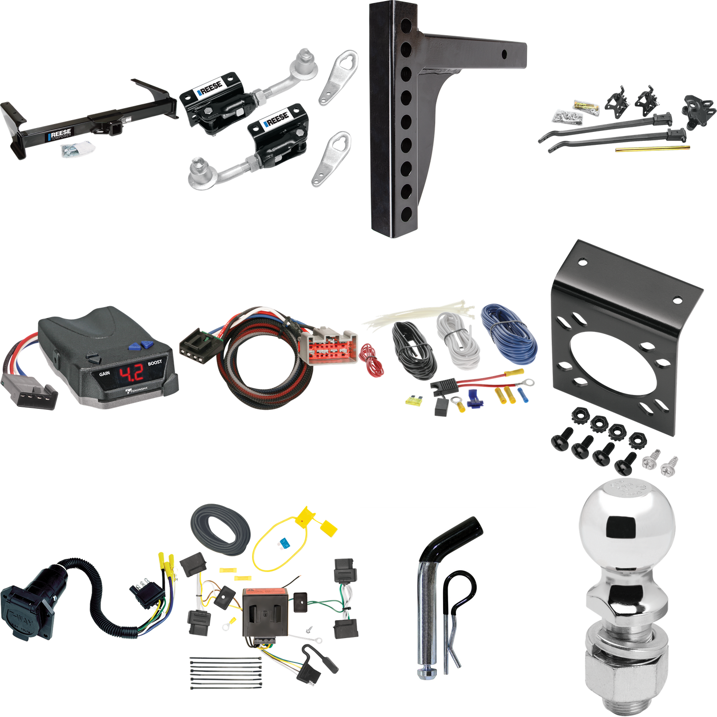 Fits 2009-2014 Ford E-150 Econoline Trailer Hitch Tow PKG w/ 12K Trunnion Bar Weight Distribution Hitch + Pin/Clip + Dual Cam Sway Control + 2-5/16" Ball + Tekonsha BRAKE-EVN Brake Control + Plug & Play BC Adapter + 7-Way RV Wiring By Reese Towpower