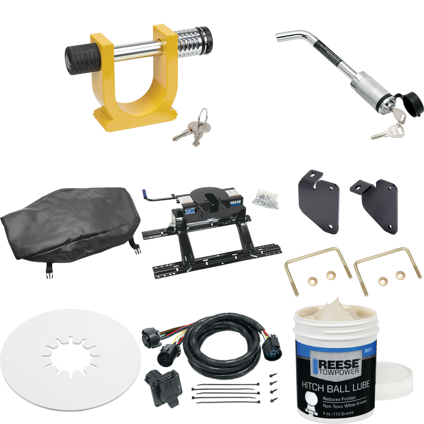 Fits 2013-2023 RAM 3500 Industry Standard Semi-Custom Above Bed Rail Kit + 20K Fifth Wheel + In-Bed Wiring + King Pin Lock + Base Rail Lock + 10" Lube Plate + Fifth Wheel Cover + Lube (For 5'8 or Shorter Bed (Sidewinder Required), w/o Factory Puck Sy