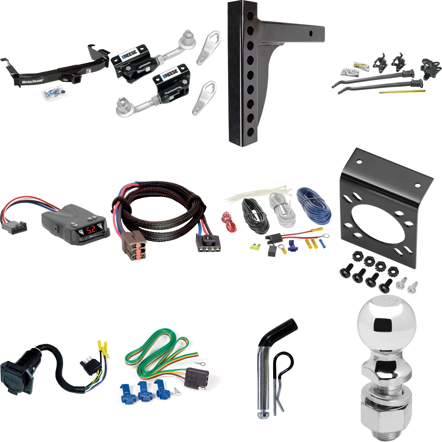 Fits 2003-2007 Ford E-150 Econoline Trailer Hitch Tow PKG w/ 12K Trunnion Bar Weight Distribution Hitch + Pin/Clip + Dual Cam Sway Control + 2-5/16" Ball + Tekonsha Brakeman IV Brake Control + Plug & Play BC Adapter + 7-Way RV Wiring By Draw-Tite