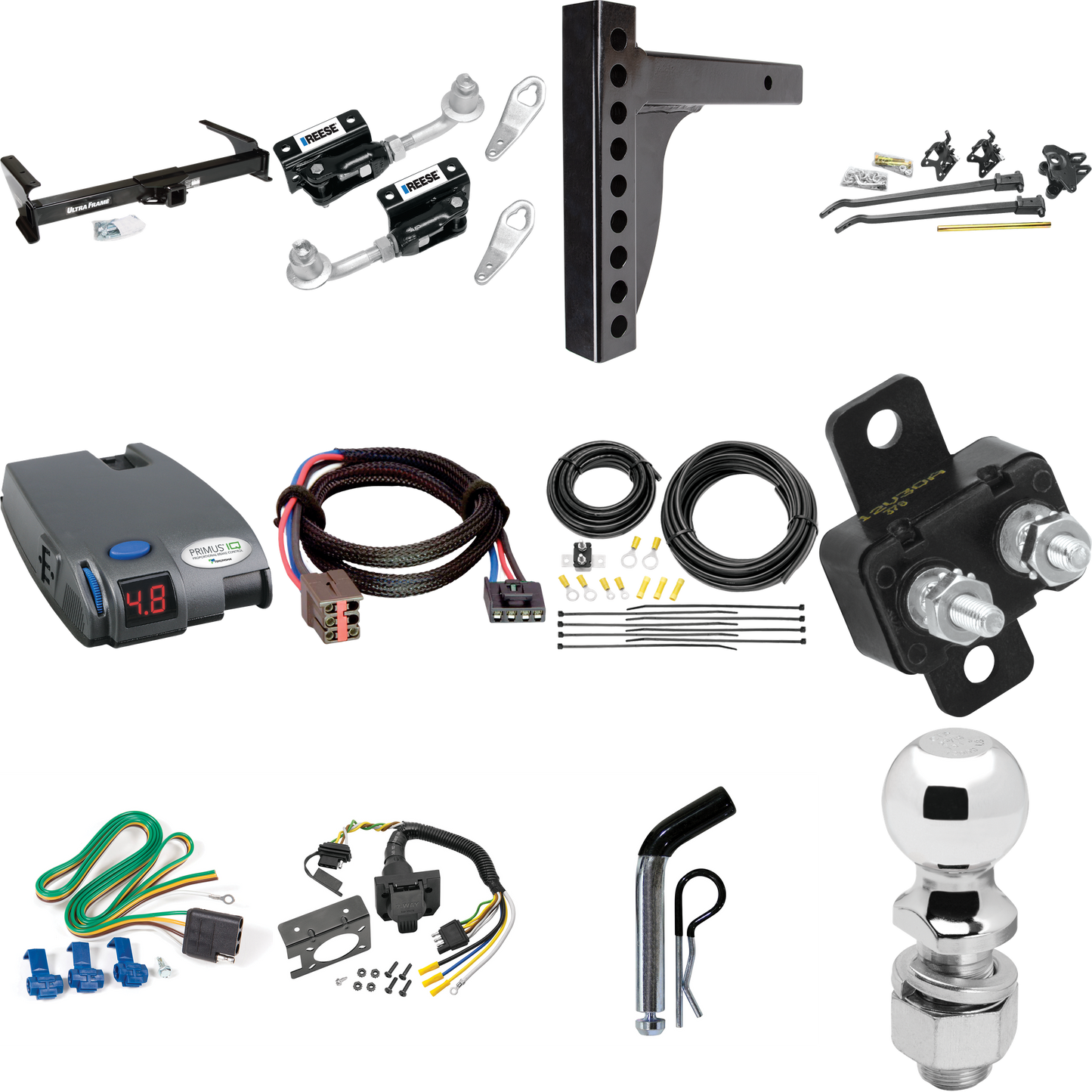 Fits 2003-2007 Ford E-250 Econoline Trailer Hitch Tow PKG w/ 12K Trunnion Bar Weight Distribution Hitch + Pin/Clip + Dual Cam Sway Control + 2-5/16" Ball + Tekonsha Primus IQ Brake Control + Plug & Play BC Adapter + 7-Way RV Wiring By Draw-Tite