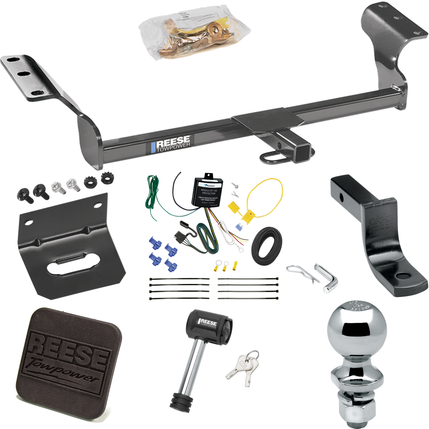 Se adapta al paquete de enganche de remolque Toyota Matrix 2014-2014 con arnés de cableado plano de 4 + barra de tracción + bola de 2" + soporte de cableado + cubierta de enganche + bloqueo de enganche (para modelos (solo Canadá)) de Reese Towpower