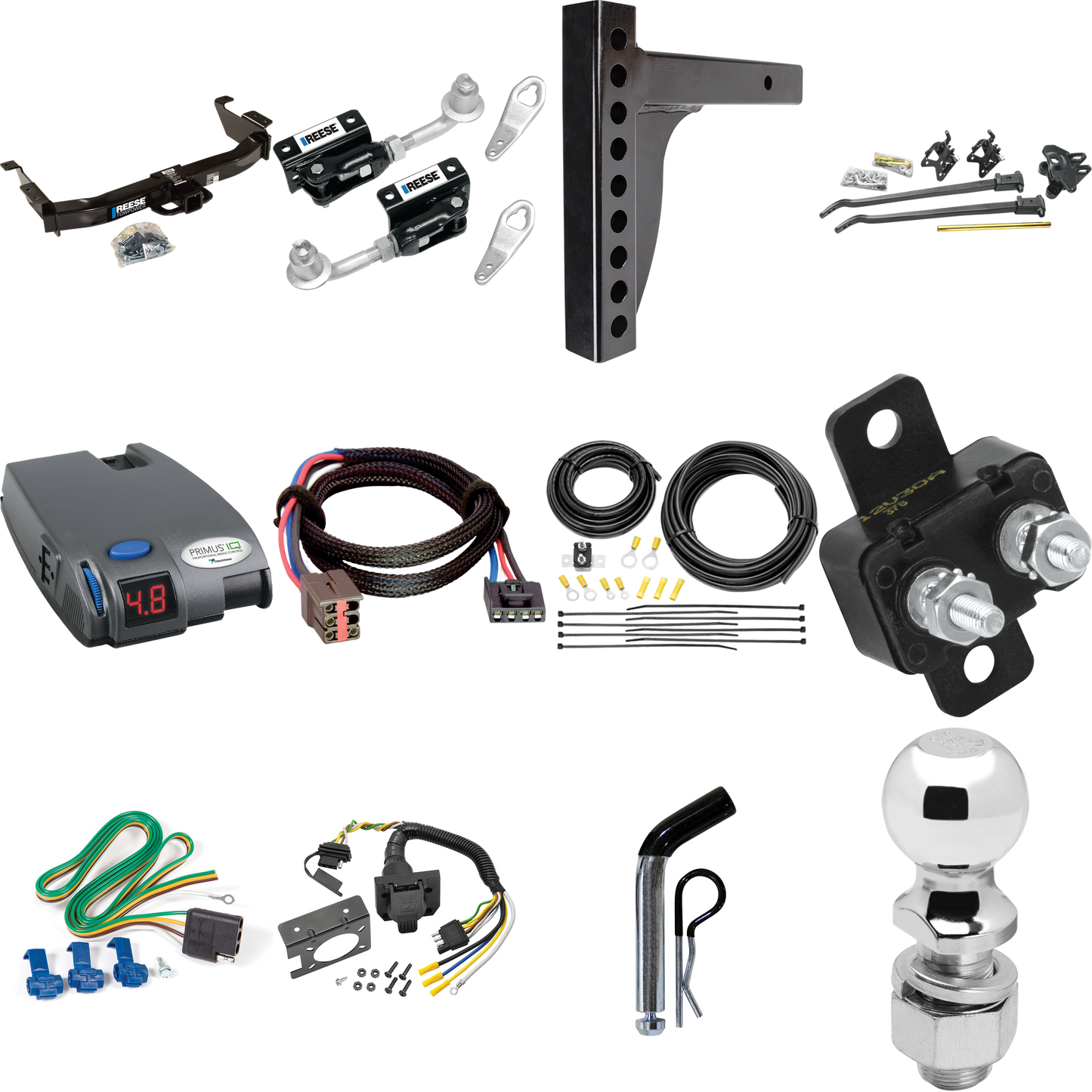 Fits 2003-2007 Ford E-150 Econoline Trailer Hitch Tow PKG w/ 12K Trunnion Bar Weight Distribution Hitch + Pin/Clip + Dual Cam Sway Control + 2-5/16" Ball + Tekonsha Primus IQ Brake Control + Plug & Play BC Adapter + 7-Way RV Wiring By Reese Towpower