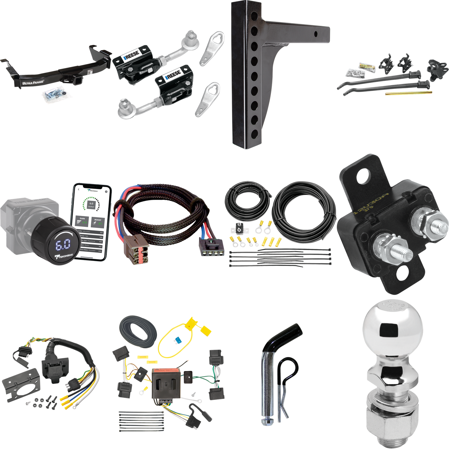 Fits 2008-2008 Ford E-350 Econoline Super Duty Trailer Hitch Tow PKG w/ 12K Trunnion Bar Weight Distribution Hitch + Pin/Clip + Dual Cam Sway Control + 2-5/16" Ball + Tekonsha Prodigy iD Bluetooth Wireless Brake Control + Plug & Play BC Adapter + 7-W