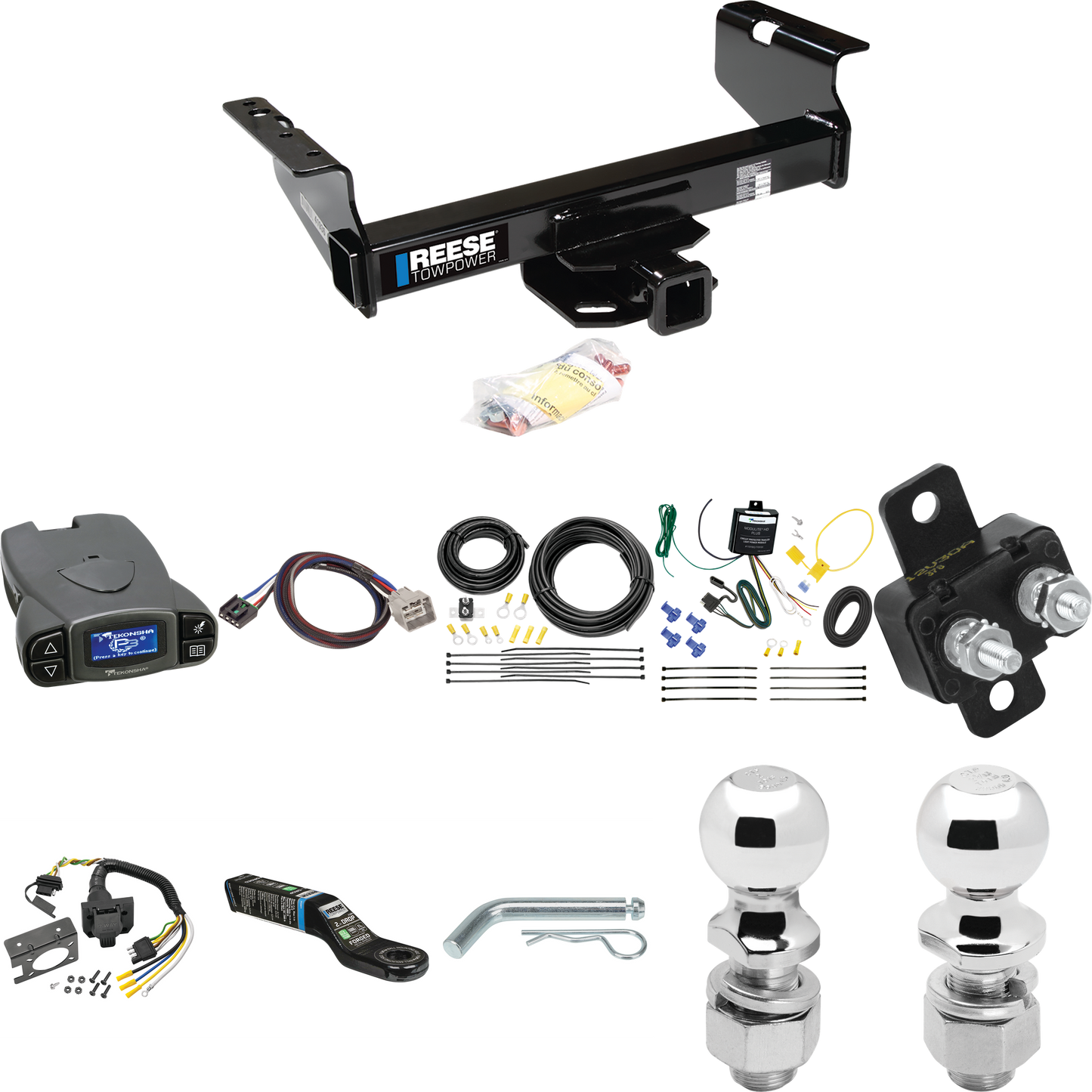 Fits 2011-2012 RAM 3500 Trailer Hitch Tow PKG w/ Tekonsha Prodigy P3 Brake Control + Plug & Play BC Adapter + 7-Way RV Wiring + 2" & 2-5/16" Ball & Drop Mount (For Cab & Chassis, w/34" Wide Frames Models) By Reese Towpower