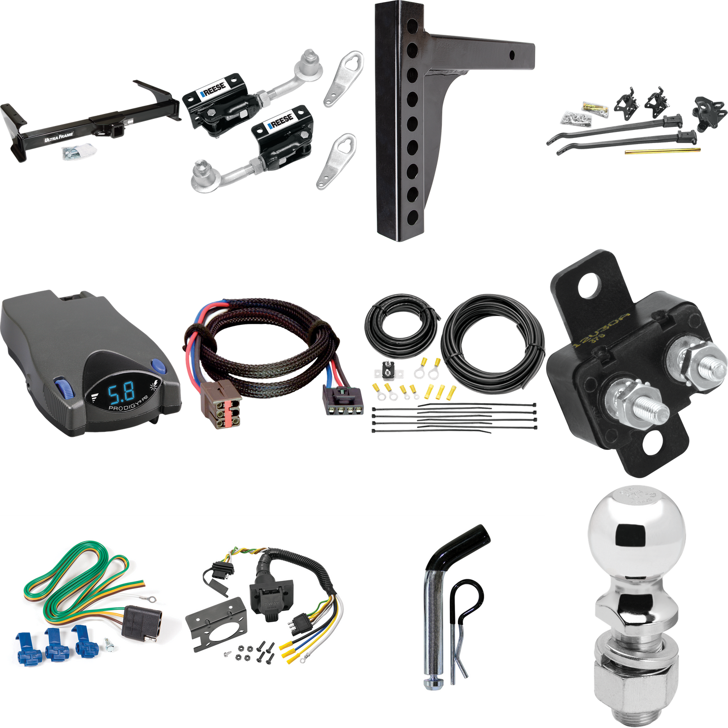 Fits 2003-2007 Ford E-350 Econoline Super Duty Trailer Hitch Tow PKG w/ 12K Trunnion Bar Weight Distribution Hitch + Pin/Clip + Dual Cam Sway Control + 2-5/16" Ball + Tekonsha Prodigy P2 Brake Control + Plug & Play BC Adapter + 7-Way RV Wiring By Dra