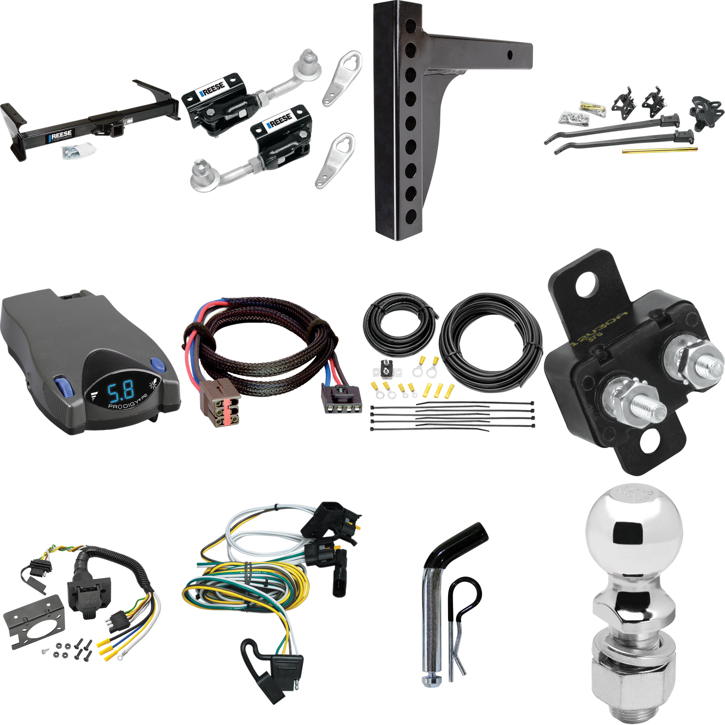 Fits 1995-2002 Ford E-150 Econoline Trailer Hitch Tow PKG w/ 12K Trunnion Bar Weight Distribution Hitch + Pin/Clip + Dual Cam Sway Control + 2-5/16" Ball + Tekonsha Prodigy P2 Brake Control + Plug & Play BC Adapter + 7-Way RV Wiring By Reese Towpower