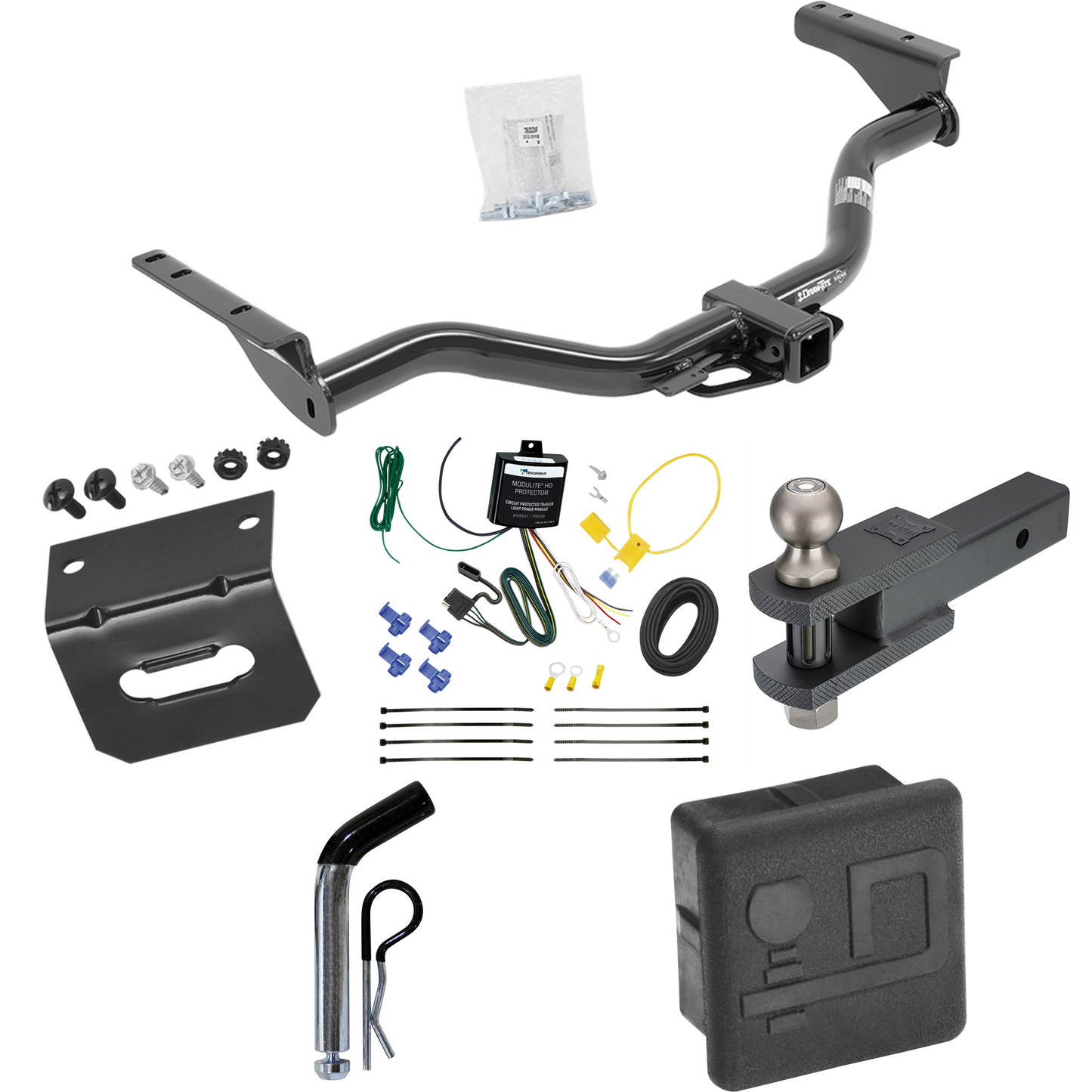 Se adapta al paquete de enganche de remolque Infiniti JX35 2013-2013 con 4 cables planos + soporte de bola de enganche de horquilla con bola de 2" + pasador/clip + soporte de cableado + cubierta de enganche de Draw-Tite