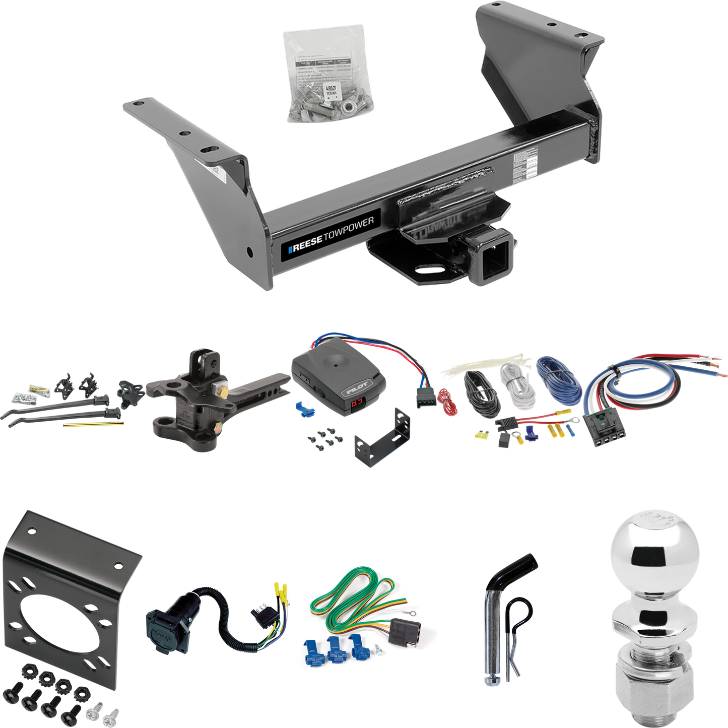 Fits 2013-2018 RAM 4500 Trailer Hitch Tow PKG w/ 17K Trunnion Bar Weight Distribution Hitch + Pin/Clip + 2-5/16" Ball + Pro Series Pilot Brake Control + Generic BC Wiring Adapter + 7-Way RV Wiring (For Cab & Chassis, w/34" Wide Frames Models) By Rees