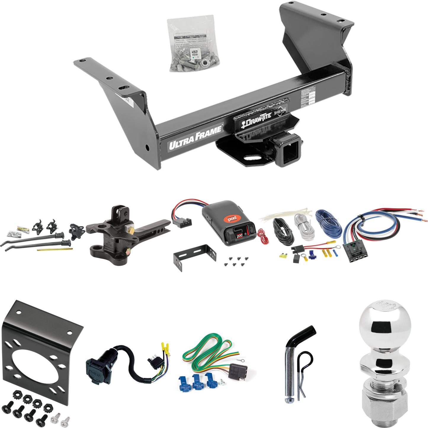 Fits 2013-2018 RAM 4500 Trailer Hitch Tow PKG w/ 17K Trunnion Bar Weight Distribution Hitch + Pin/Clip + 2-5/16" Ball + Pro Series POD Brake Control + Generic BC Wiring Adapter + 7-Way RV Wiring (For Cab & Chassis, w/34" Wide Frames Models) By Draw-T