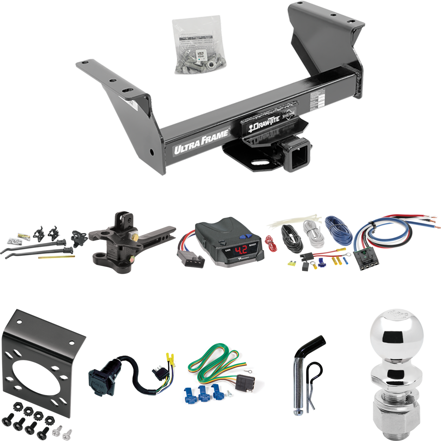 Fits 2013-2018 RAM 5500 Trailer Hitch Tow PKG w/ 17K Trunnion Bar Weight Distribution Hitch + Pin/Clip + 2-5/16" Ball + Tekonsha BRAKE-EVN Brake Control + Generic BC Wiring Adapter + 7-Way RV Wiring (For Cab & Chassis, w/34" Wide Frames Models) By Dr