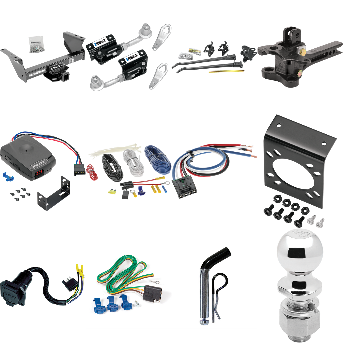 Fits 2013-2018 RAM 4500 Trailer Hitch Tow PKG w/ 17K Trunnion Bar Weight Distribution Hitch + Pin/Clip + Dual Cam Sway Control + 2-5/16" Ball + Pro Series Pilot Brake Control + Generic BC Wiring Adapter + 7-Way RV Wiring (For Cab & Chassis, w/34" Wid