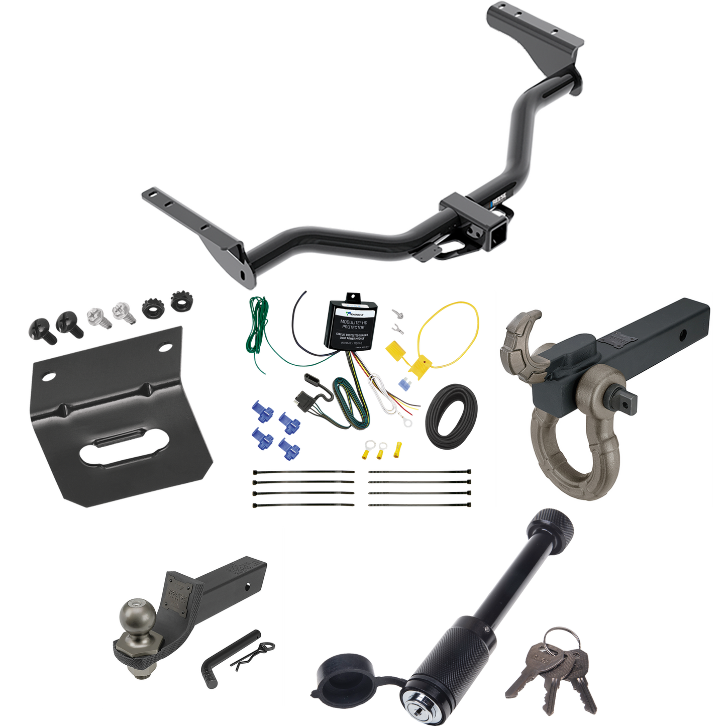 Fits 2013-2013 Infiniti JX35 Trailer Hitch Tow PKG w/ 4-Flat Wiring + Interlock Tactical Starter Kit w/ 2" Drop & 2" Ball + Tactical Hook & Shackle Mount + Tactical Dogbone Lock + Wiring Bracket By Reese Towpower