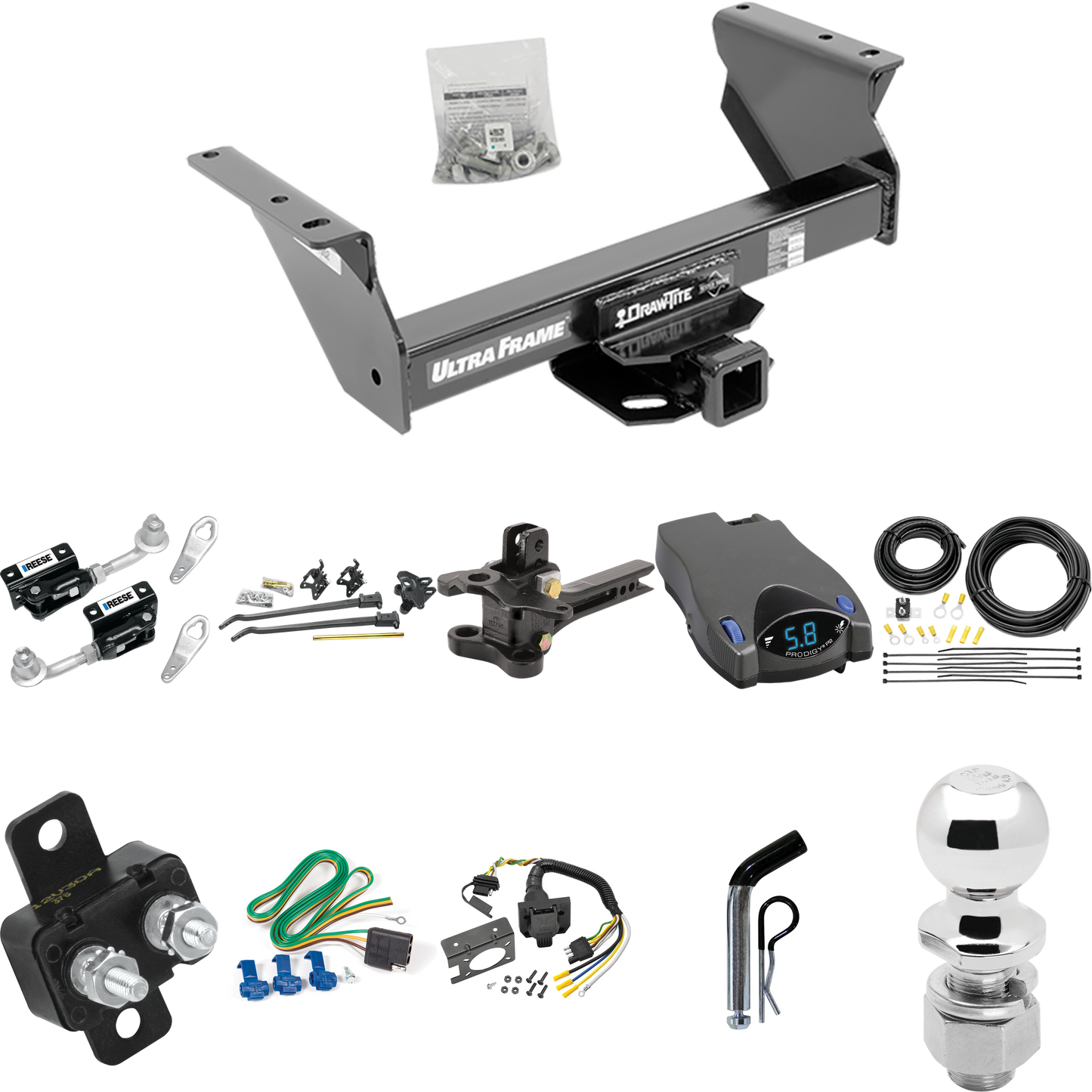 Fits 2013-2018 RAM 4500 Trailer Hitch Tow PKG w/ 17K Trunnion Bar Weight Distribution Hitch + Pin/Clip + Dual Cam Sway Control + 2-5/16" Ball + Tekonsha Prodigy P2 Brake Control + 7-Way RV Wiring (For Cab & Chassis, w/34" Wide Frames Models) By Draw-