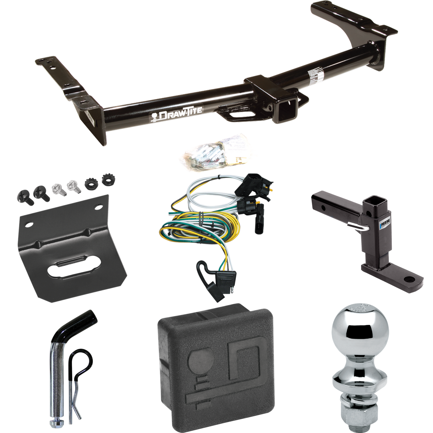 Fits 1995-2002 Ford E-150 Econoline Trailer Hitch Tow PKG w/ 4-Flat Wiring + Adjustable Drop Rise Ball Mount + Pin/Clip + 1-7/8" Ball + Wiring Bracket + Hitch Cover By Draw-Tite