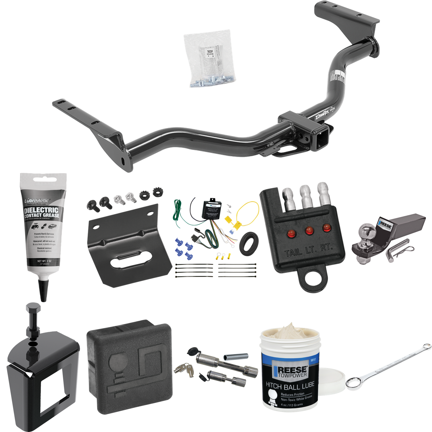 Fits 2013-2013 Infiniti JX35 Trailer Hitch Tow PKG w/ 4-Flat Wiring + Starter Kit Ball Mount w/ 2" Drop & 2" Ball + Wiring Bracket + Hitch Cover + Dual Hitch & Coupler Locks + Wiring Tester + Ball Lube + Electric Grease + Ball Wrench + Anti Rattle De