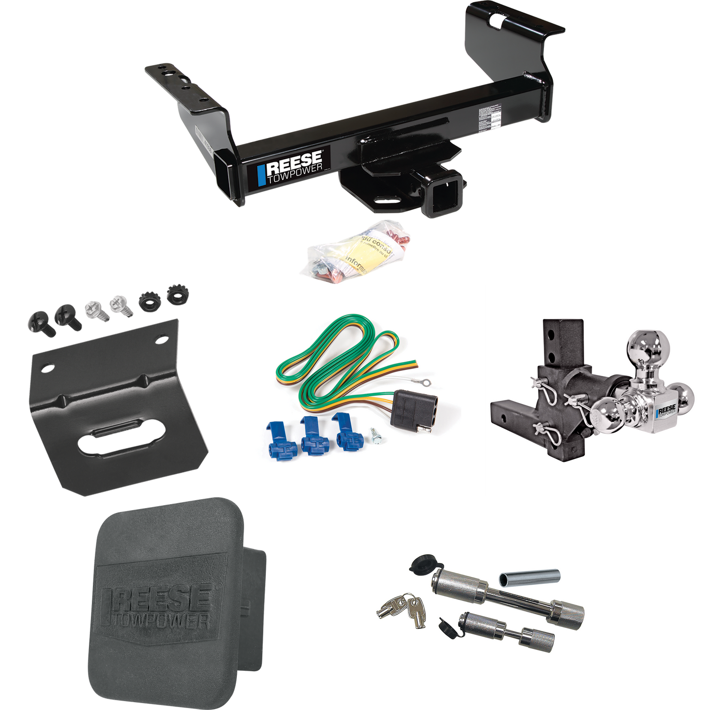 Fits 2011-2012 RAM 5500 Trailer Hitch Tow PKG w/ 4-Flat Wiring Harness + Adjustable Drop Rise Triple Ball Ball Mount 1-7/8" & 2" & 2-5/16" Trailer Balls + Dual Hitch & Coupler Locks + Hitch Cover + Wiring Bracket (For Cab & Chassis, w/34" Wide Frames