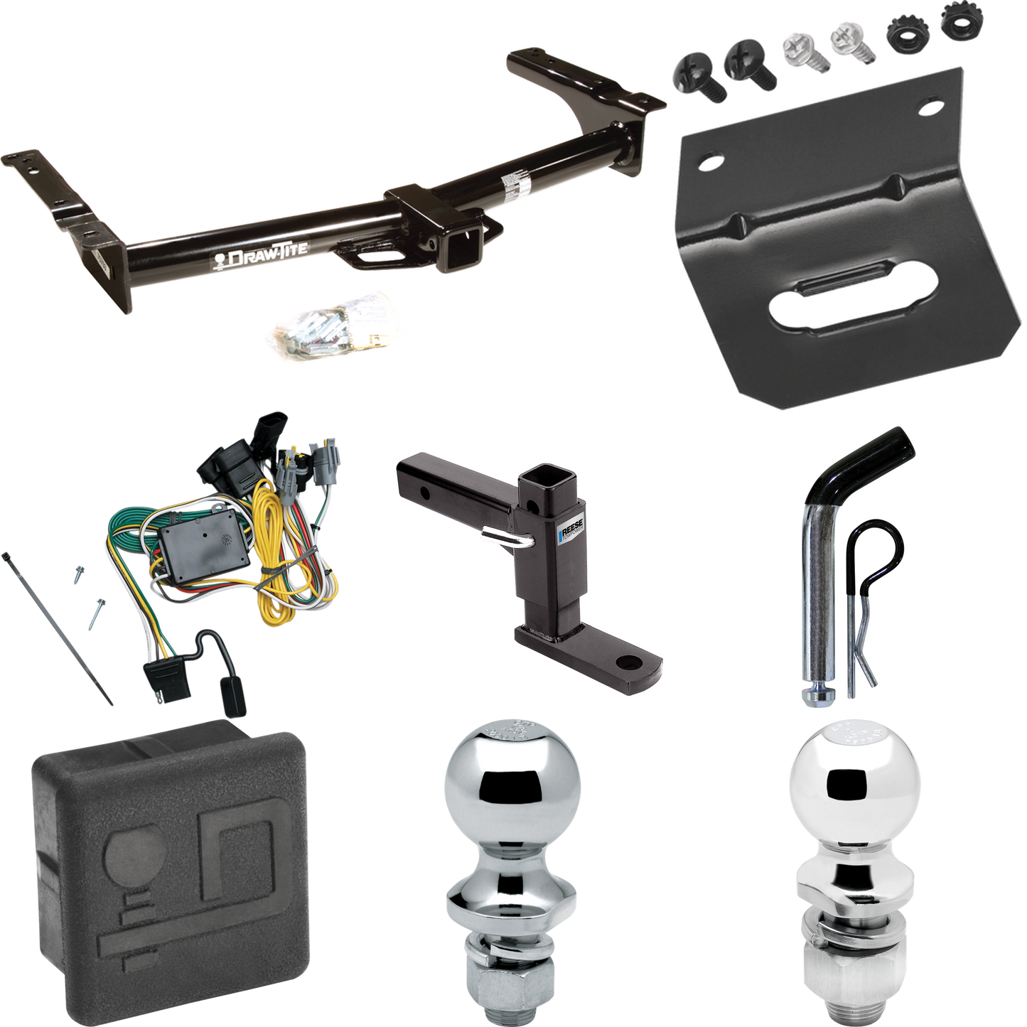 Fits 1992-1994 Ford E-250 Econoline Trailer Hitch Tow PKG w/ 4-Flat Wiring + Adjustable Drop Rise Ball Mount + Pin/Clip + 2" Ball + 1-7/8" Ball + Wiring Bracket + Hitch Cover By Draw-Tite