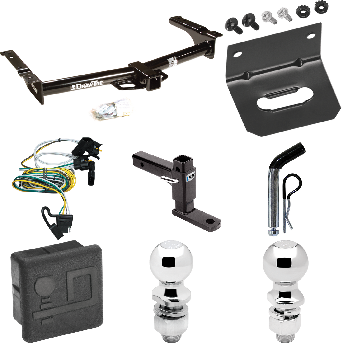 Fits 1995-2002 Ford E-350 Econoline Trailer Hitch Tow PKG w/ 4-Flat Wiring + Adjustable Drop Rise Ball Mount + Pin/Clip + 2" Ball + 2-5/16" Ball + Wiring Bracket + Hitch Cover By Draw-Tite