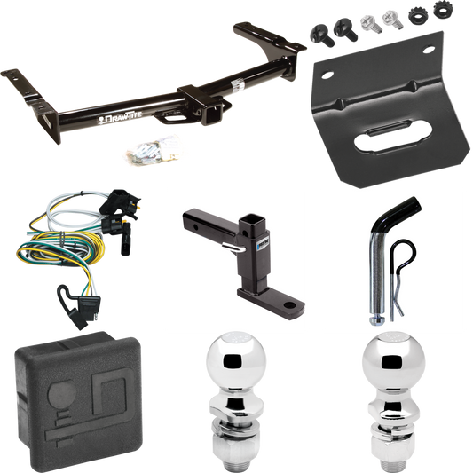 Fits 1995-2002 Ford E-350 Econoline Trailer Hitch Tow PKG w/ 4-Flat Wiring + Adjustable Drop Rise Ball Mount + Pin/Clip + 2" Ball + 2-5/16" Ball + Wiring Bracket + Hitch Cover By Draw-Tite