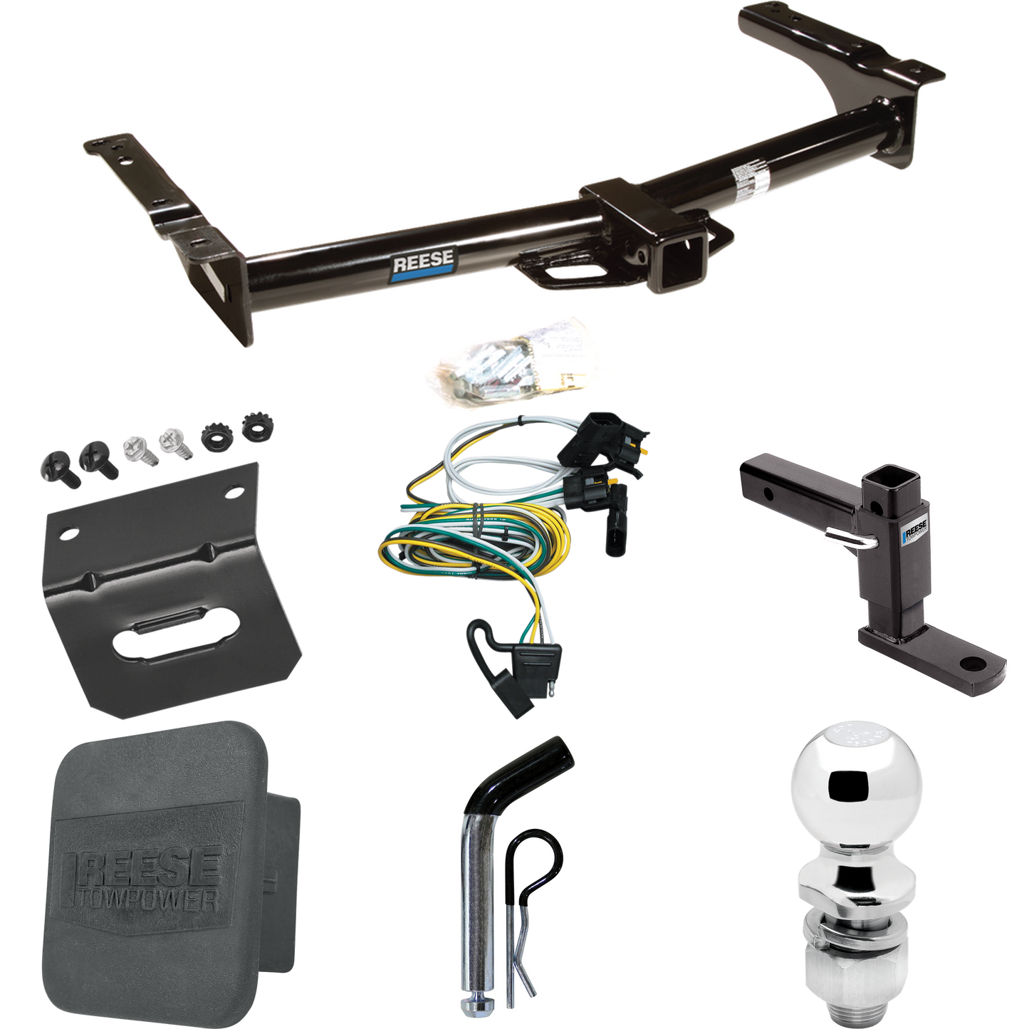 Se adapta al paquete de enganche de remolque Ford E-350 Econoline 1995-2002 con 4 cables planos + soporte de bola ajustable + pasador/clip + bola de 2 pulgadas + soporte de cableado + cubierta de enganche de Reese Towpower