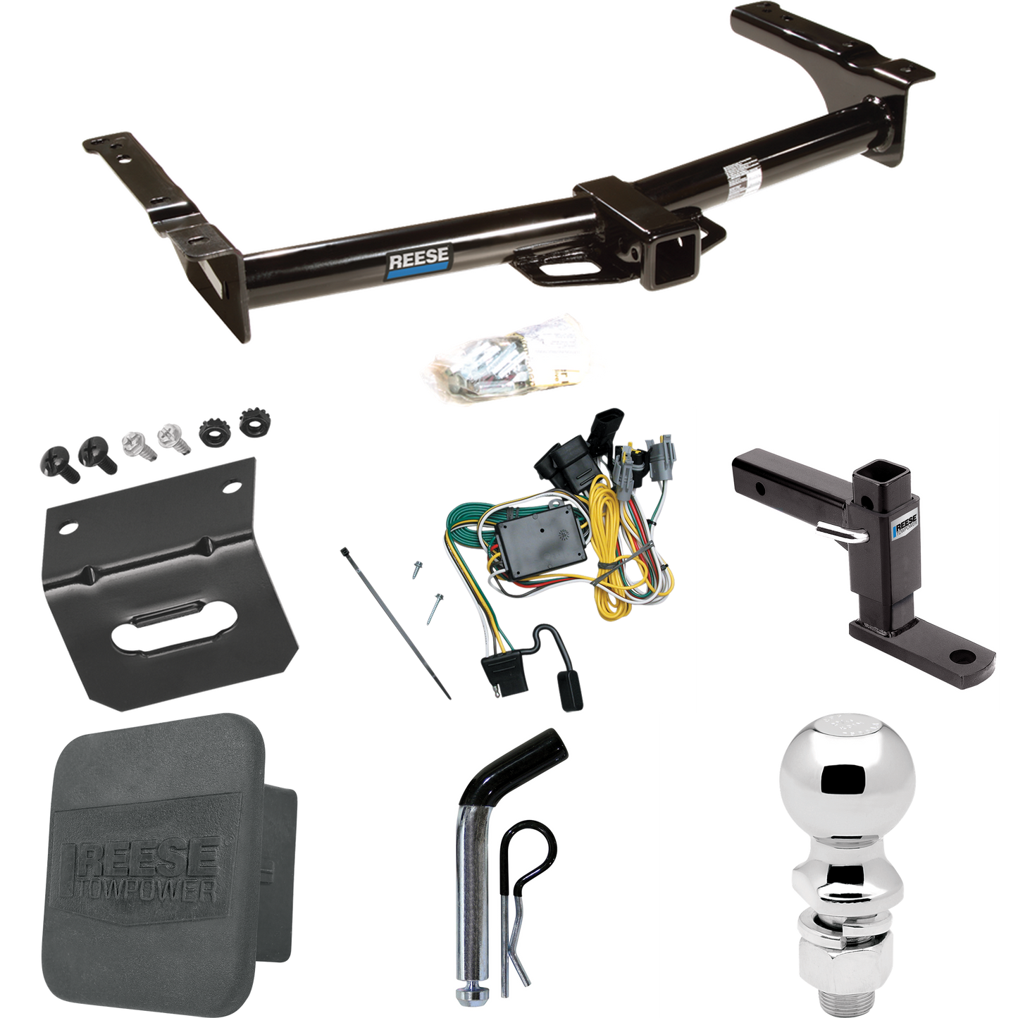 Se adapta al paquete de enganche de remolque Ford E-250 Econoline 1992-1994 con 4 cables planos + soporte de bola ajustable + pasador/clip + bola de 2-5/16" + soporte de cableado + cubierta de enganche de Reese Towpower