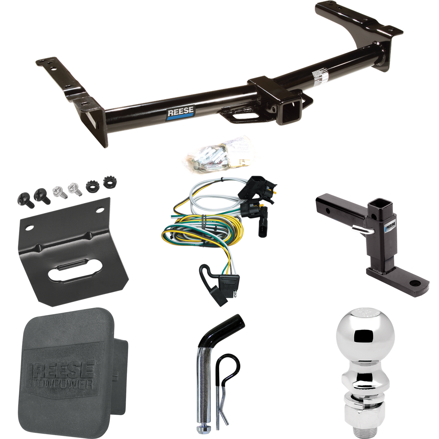 Se adapta al paquete de enganche de remolque Ford E-350 Econoline 1995-2002 con 4 cables planos + soporte de bola ajustable + pasador/clip + bola de 2-5/16" + soporte de cableado + cubierta de enganche de Reese Towpower