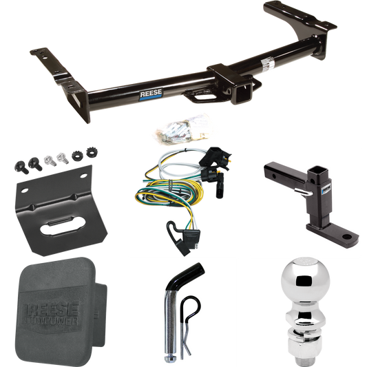 Se adapta al paquete de enganche de remolque Ford E-350 Econoline 1995-2002 con 4 cables planos + soporte de bola ajustable + pasador/clip + bola de 2-5/16" + soporte de cableado + cubierta de enganche de Reese Towpower