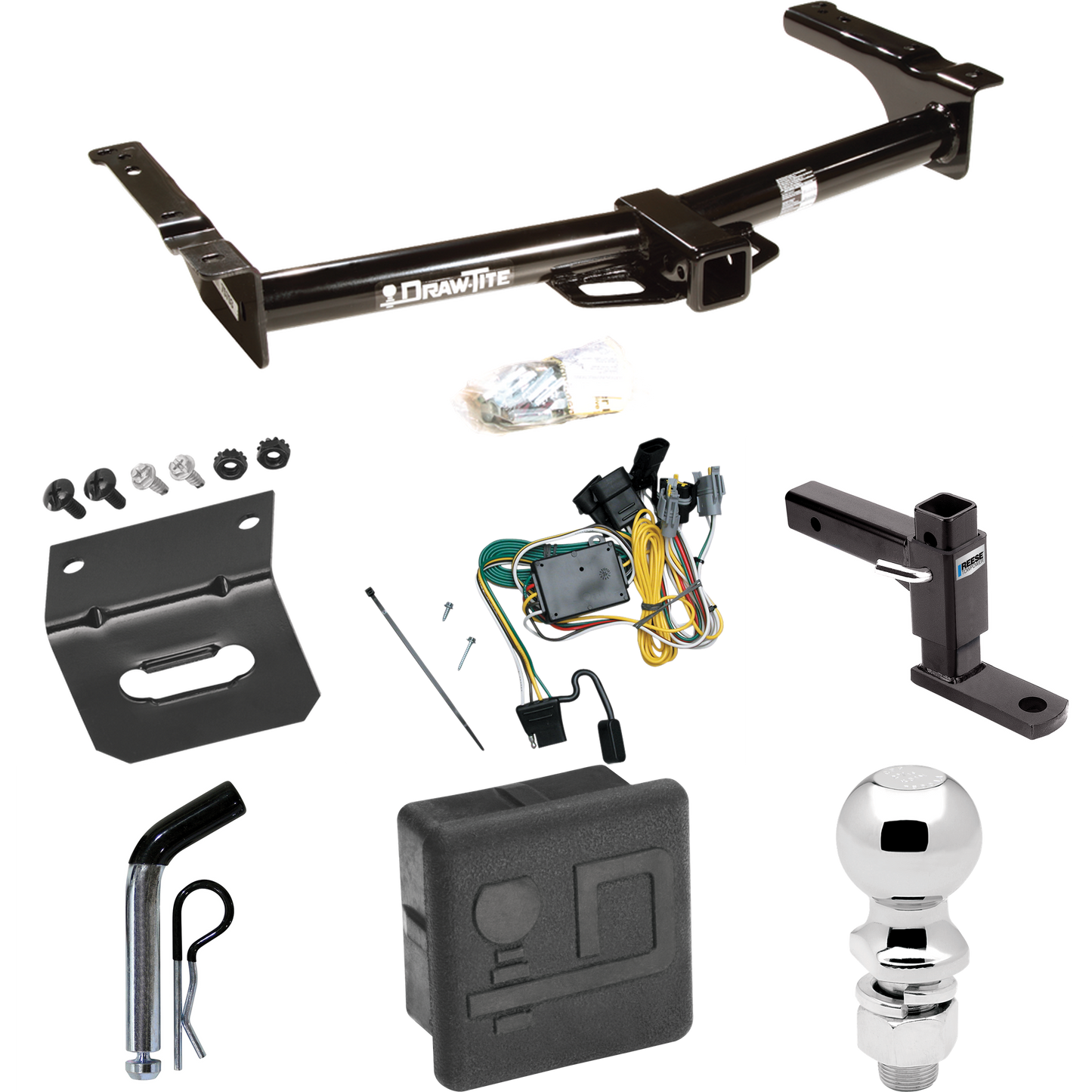 Se adapta al paquete de enganche de remolque Ford E-150 Econoline 1992-1994 con 4 cables planos + soporte de bola ajustable + pasador/clip + bola de 2-5/16" + soporte de cableado + cubierta de enganche de Draw-Tite