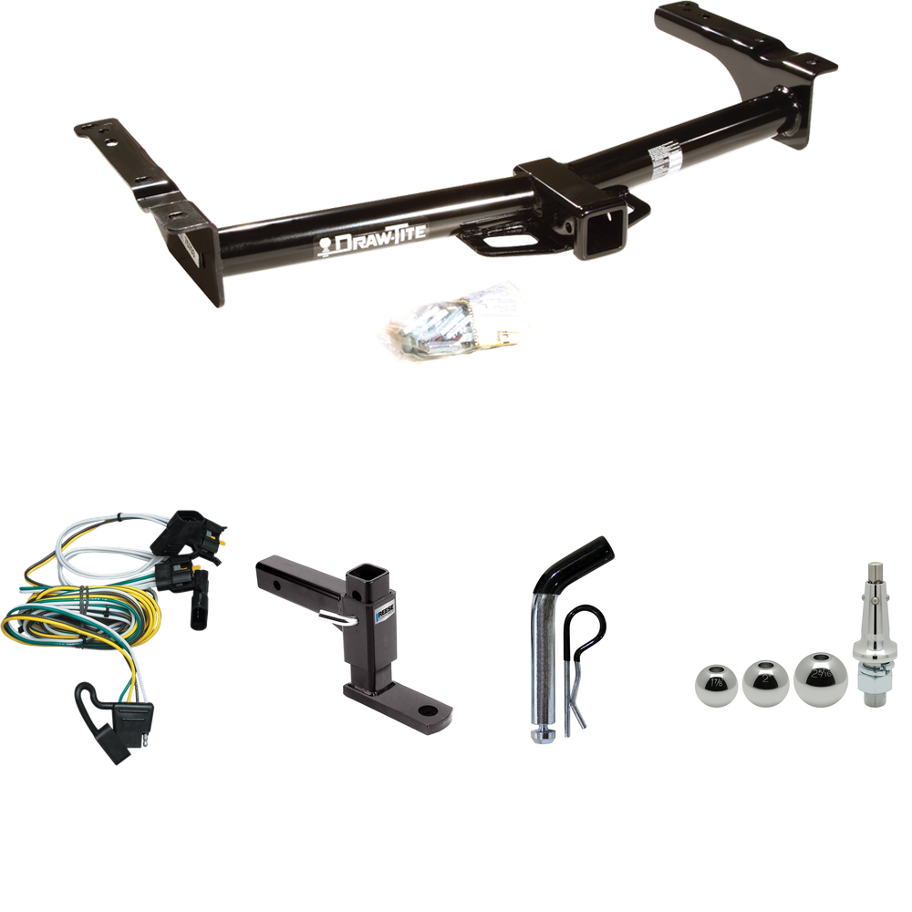 Fits 1995-2002 Ford E-150 Econoline Trailer Hitch Tow PKG w/ 4-Flat Wiring + Adjustable Drop Rise Ball Mount + Pin/Clip + Inerchangeable 1-7/8" & 2" & 2-5/16" Balls By Draw-Tite