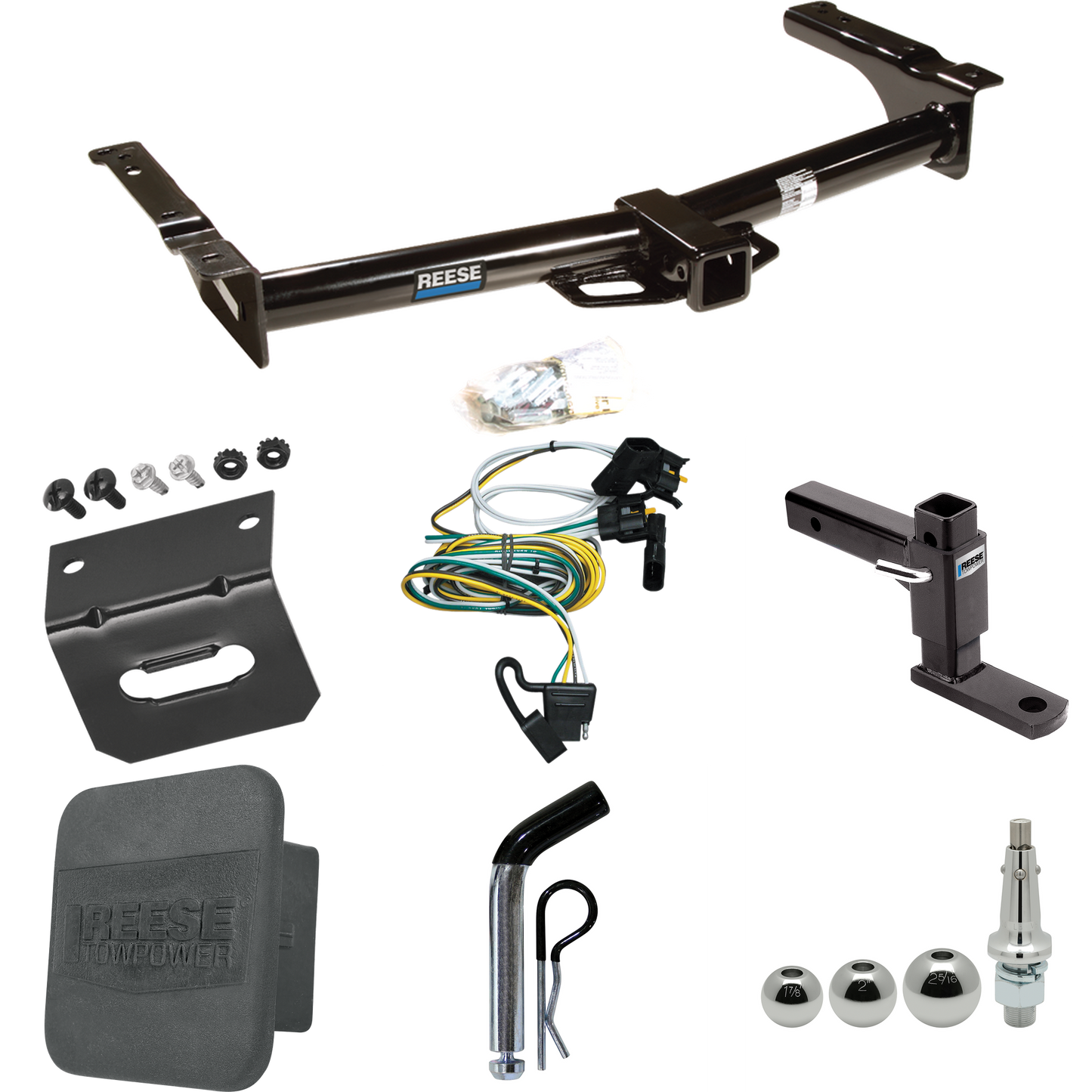 Fits 1995-2002 Ford E-250 Econoline Trailer Hitch Tow PKG w/ 4-Flat Wiring + Adjustable Drop Rise Ball Mount + Pin/Clip + Inerchangeable 1-7/8" & 2" & 2-5/16" Balls + Wiring Bracket + Hitch Cover By Reese Towpower