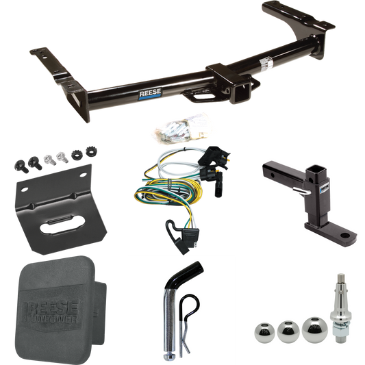 Fits 1995-2002 Ford E-250 Econoline Trailer Hitch Tow PKG w/ 4-Flat Wiring + Adjustable Drop Rise Ball Mount + Pin/Clip + Inerchangeable 1-7/8" & 2" & 2-5/16" Balls + Wiring Bracket + Hitch Cover By Reese Towpower