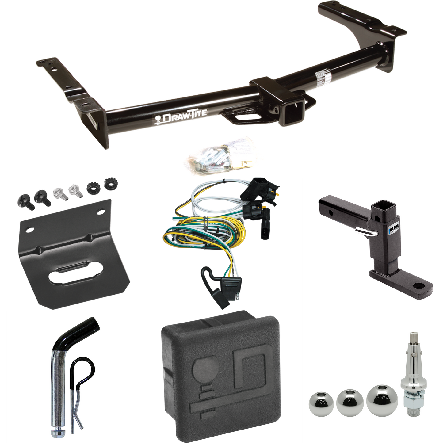 Fits 1995-2002 Ford E-250 Econoline Trailer Hitch Tow PKG w/ 4-Flat Wiring + Adjustable Drop Rise Ball Mount + Pin/Clip + Inerchangeable 1-7/8" & 2" & 2-5/16" Balls + Wiring Bracket + Hitch Cover By Draw-Tite