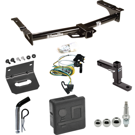 Fits 1995-2002 Ford E-250 Econoline Trailer Hitch Tow PKG w/ 4-Flat Wiring + Adjustable Drop Rise Ball Mount + Pin/Clip + Inerchangeable 1-7/8" & 2" & 2-5/16" Balls + Wiring Bracket + Hitch Cover By Draw-Tite