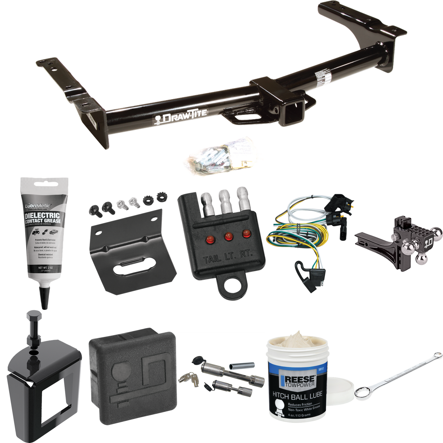 Fits 1995-2002 Ford E-150 Econoline Trailer Hitch Tow PKG w/ 4-Flat Wiring + Adjustable Drop Rise Triple Ball Ball Mount 1-7/8" & 2" & 2-5/16" Trailer Balls + Wiring Bracket + Hitch Cover + Dual Hitch & Coupler Locks + Wiring Tester + Ball Lube + Ele