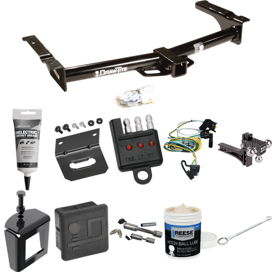 Fits 1995-2002 Ford E-150 Econoline Trailer Hitch Tow PKG w/ 4-Flat Wiring + Adjustable Drop Rise Triple Ball Ball Mount 1-7/8" & 2" & 2-5/16" Trailer Balls + Wiring Bracket + Hitch Cover + Dual Hitch & Coupler Locks + Wiring Tester + Ball Lube + Ele