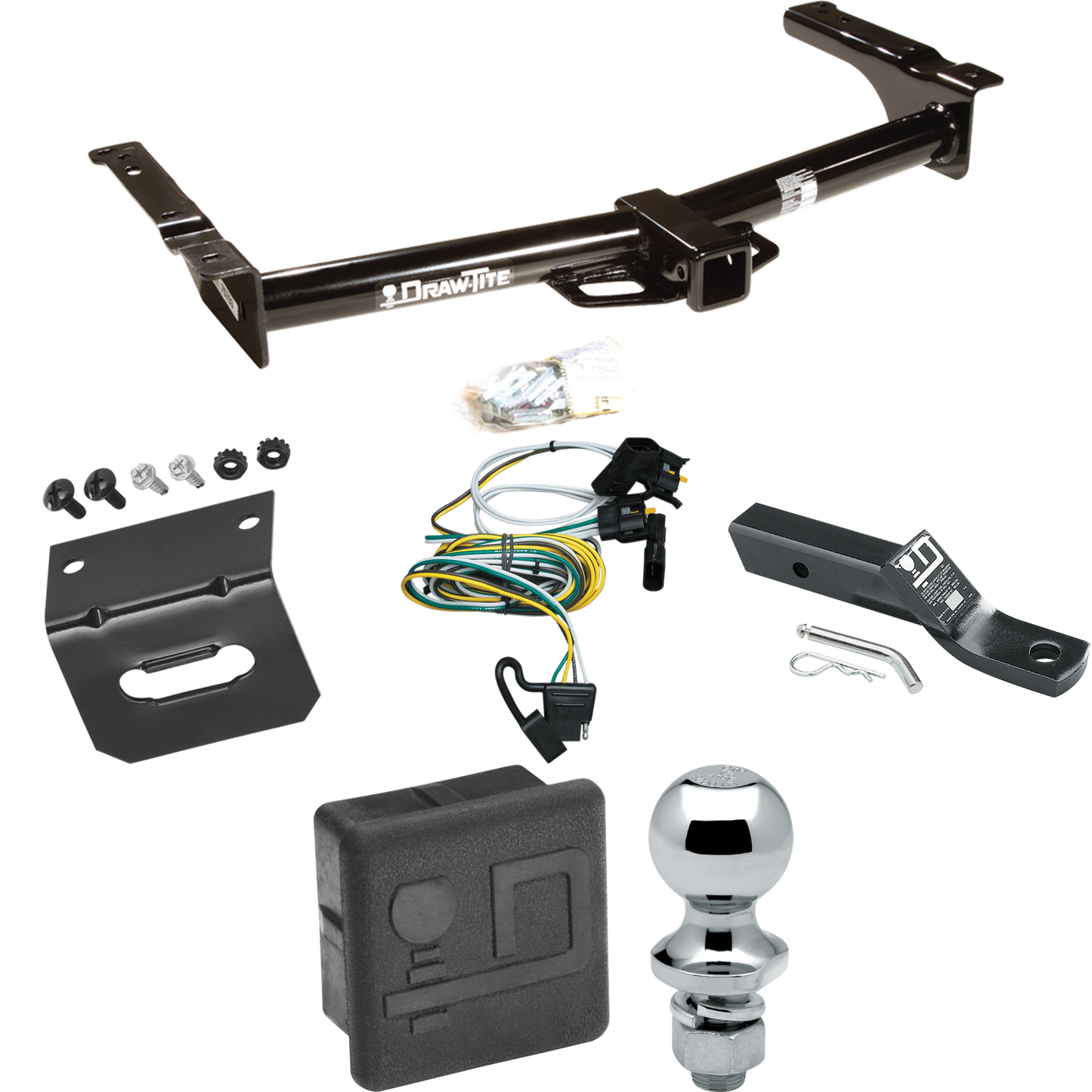 Se adapta al paquete de enganche de remolque Ford E-250 Econoline 1995-2002 con 4 cables planos + soporte de bola con caída de 2" + bola de 1-7/8" + soporte de cableado + cubierta de enganche de Draw-Tite