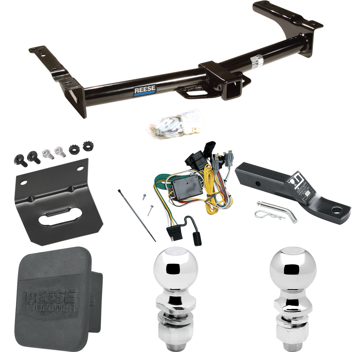 Fits 1992-1994 Ford E-150 Econoline Trailer Hitch Tow PKG w/ 4-Flat Wiring + Ball Mount w/ 2" Drop + 2" Ball + 2-5/16" Ball + Wiring Bracket + Hitch Cover By Reese Towpower