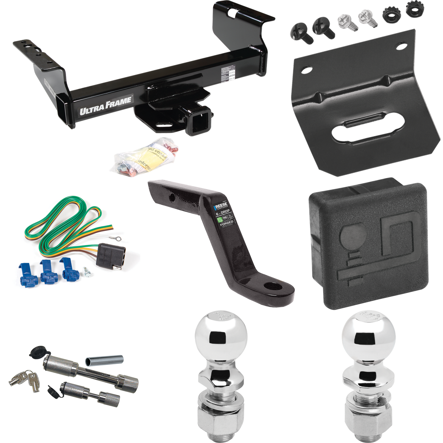 Fits 2011-2012 RAM 5500 Trailer Hitch Tow PKG w/ 4-Flat Wiring Harness + Ball Mount w/ 6" Drop + Dual Hitch & Coupler Locks + 2" Ball + 2-5/16" Ball + Hitch Cover + Wiring Bracket (For Cab & Chassis, w/34" Wide Frames Models) By Draw-Tite