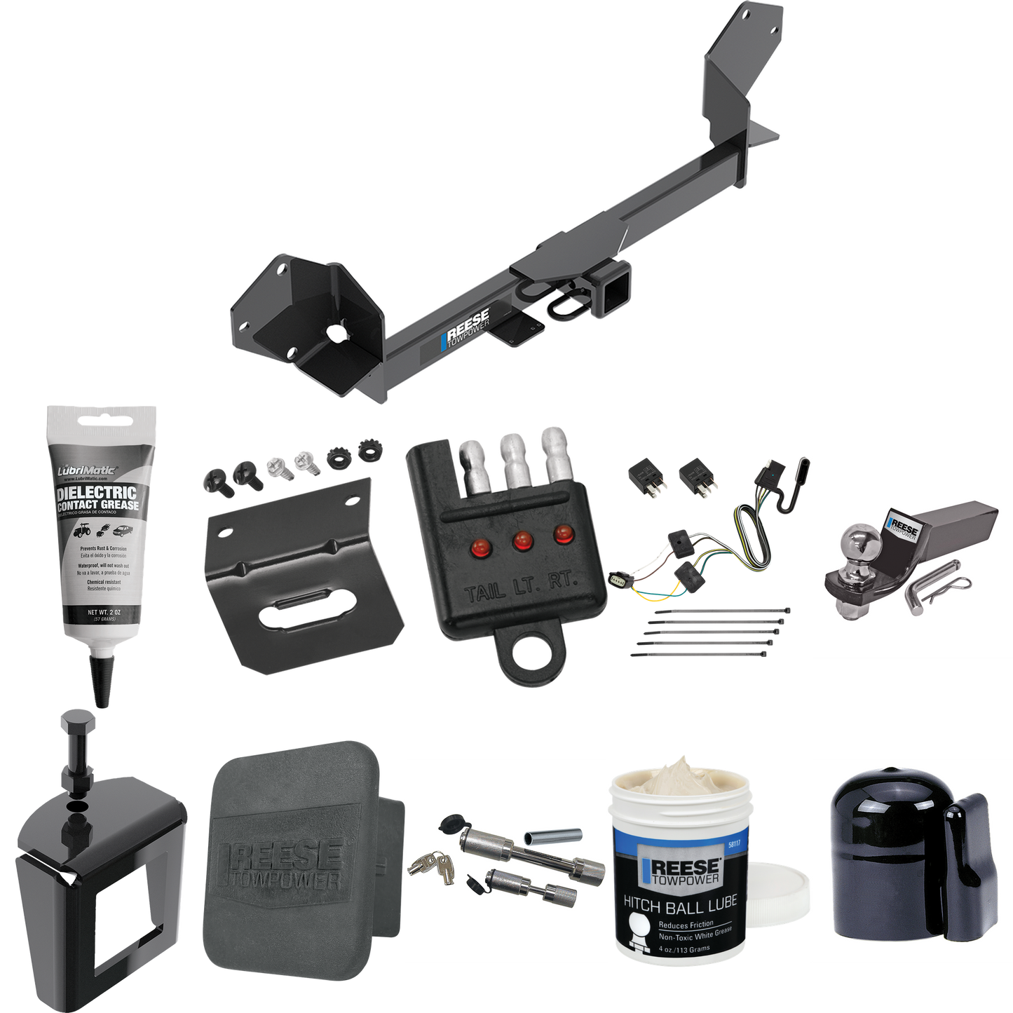 Fits 2016-2018 Buick Envision Trailer Hitch Tow PKG w/ 4-Flat Wiring + Starter Kit Ball Mount w/ 2" Drop & 2" Ball + 1-7/8" Ball + Wiring Bracket + Dual Hitch & Coupler Locks + Hitch Cover + Wiring Tester + Ball Lube + Electric Grease + Ball Wrench +