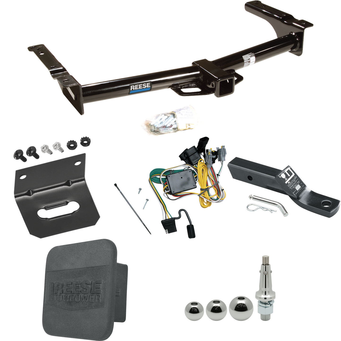 Fits 1992-1994 Ford E-150 Econoline Trailer Hitch Tow PKG w/ 4-Flat Wiring + Ball Mount w/ 2" Drop + Interchangeable Ball 1-7/8" & 2" & 2-5/16" + Wiring Bracket + Hitch Cover By Reese Towpower