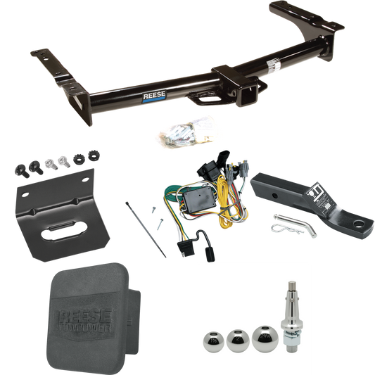 Fits 1992-1994 Ford E-150 Econoline Trailer Hitch Tow PKG w/ 4-Flat Wiring + Ball Mount w/ 2" Drop + Interchangeable Ball 1-7/8" & 2" & 2-5/16" + Wiring Bracket + Hitch Cover By Reese Towpower