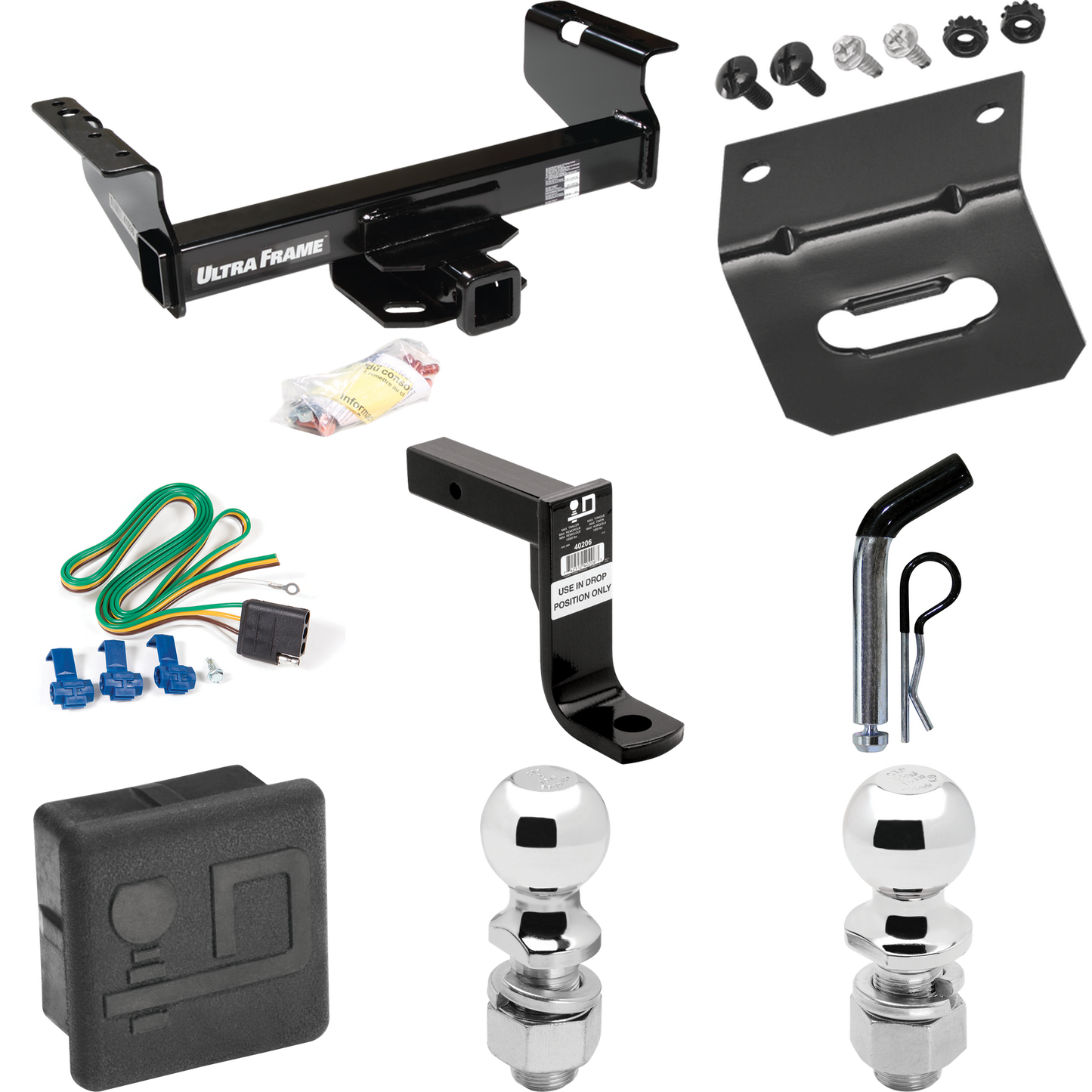 Fits 2011-2012 RAM 5500 Trailer Hitch Tow PKG w/ 4-Flat Wiring Harness + Ball Mount w/ 8" Drop + Pin/Clip + 2" Ball + 2-5/16" Ball + Hitch Cover + Wiring Bracket (For Cab & Chassis, w/34" Wide Frames Models) By Draw-Tite