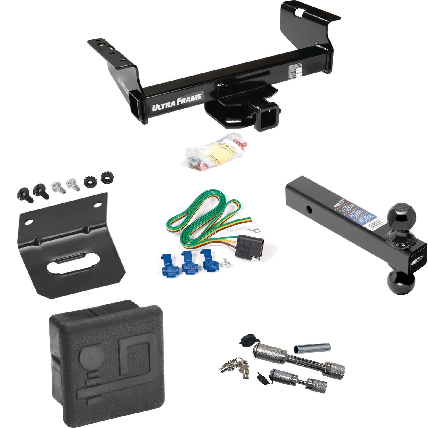 Fits 2011-2012 RAM 4500 Trailer Hitch Tow PKG w/ 4-Flat Wiring Harness + Dual Ball Ball Mount 2" & 2-5/16" Trailer Balls + Dual Hitch & Coupler Locks + Hitch Cover + Wiring Bracket (For Cab & Chassis, w/34" Wide Frames Models) By Draw-Tite